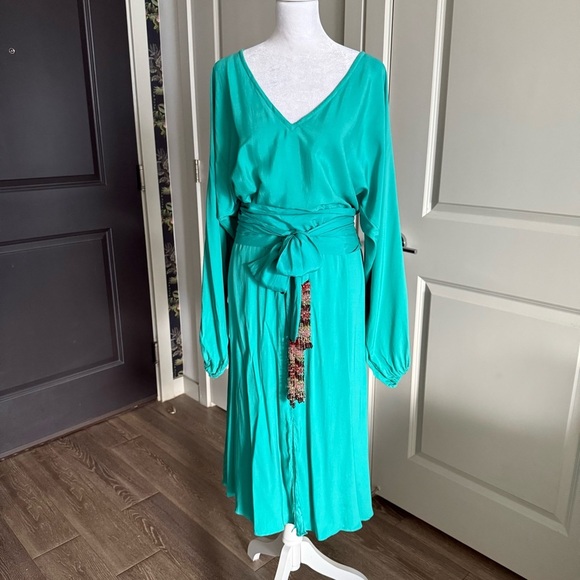 Alexis Dresses & Skirts - Alexis Teal Blue 100% Silk Long Sleeve Midi Dress with Beaded Sash Belt Size L
